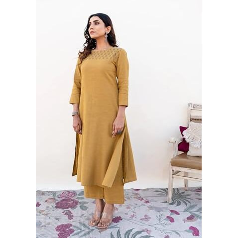 ANNI DESIGNER Women's Rayon Viscose Printed Straight Kurta with Pant & Dupatta (Purika Yellow-VKS01_XL_Yellow_X-Large)