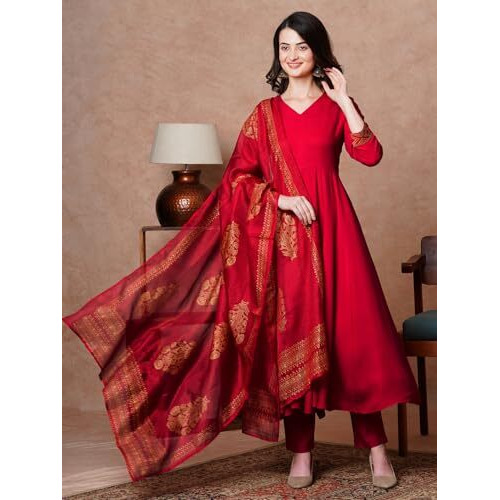 ANNI DESIGNER Women's Rayon Blend Solid Anarkali Kurta with Pant & Dupatta (Magic-RED-NDM_XXL_Red_XX-Large)