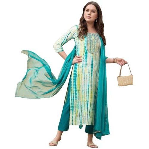 ANNI DESIGNER Women's Rayon Viscose Printed Straight Kurta with Pant & Dupatta (Tiedye RAMA Green-VKS07_4XL_Green_XXXX-Large)