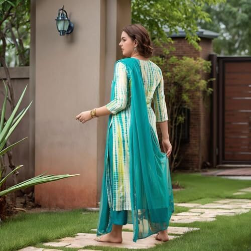 ANNI DESIGNER Women's Rayon Viscose Printed Straight Kurta with Pant & Dupatta (Tiedye RAMA Green-VKS07_4XL_Green_XXXX-Large)