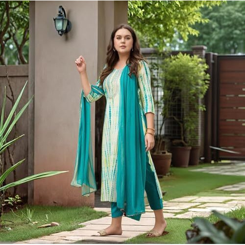 ANNI DESIGNER Women's Rayon Viscose Printed Straight Kurta with Pant & Dupatta (Tiedye RAMA Green-VKS07_4XL_Green_XXXX-Large)