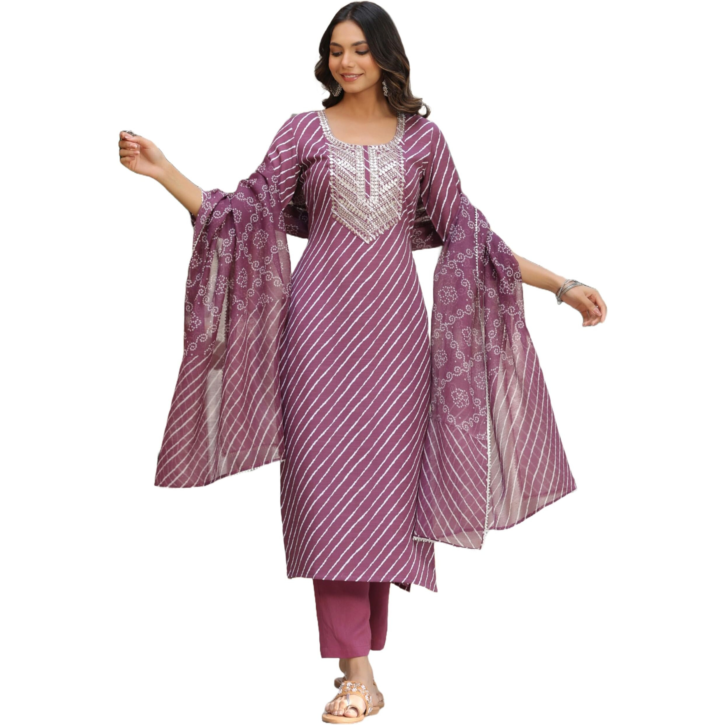 ANNI DESIGNER Women's Cotton Blend Straight Printed Kurta with Pant & Dupatta (Doremi-Wine-NW_M_Wine_Medium)