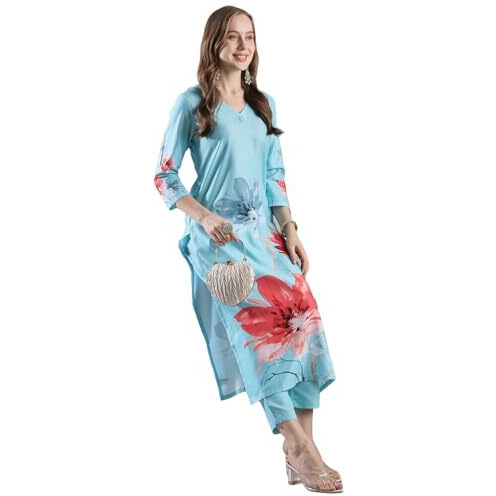 ANNI DESIGNER Women's Rayon Blend Straight Printed Kurta with Pant (Susan SKY-VKS02_S_Sky Blue_Small)