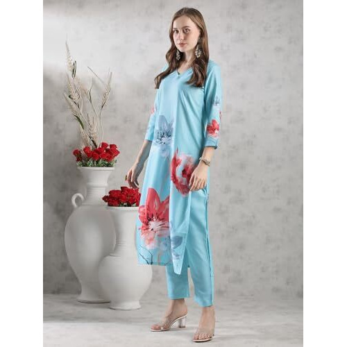 ANNI DESIGNER Women's Rayon Blend Straight Printed Kurta with Pant (Susan SKY-VKS02_S_Sky Blue_Small)