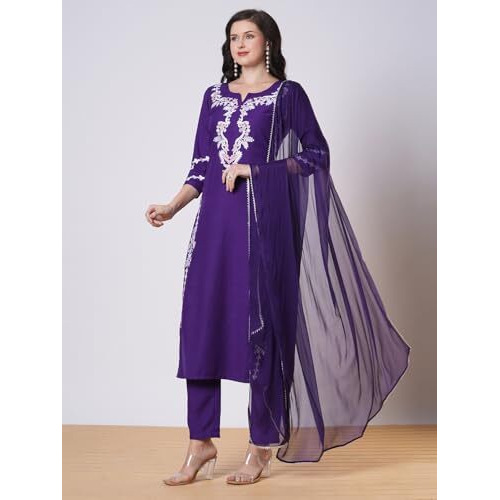 ANNI DESIGNER Women's Rayon Viscose Embroidered Straight Kurta with Pant & Dupatta (JAYASHUDA BEGANI-VKS01_S_Begani_Small)