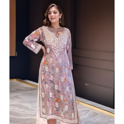 ANNI DESIGNER Women's Rayon Viscose Printed & Chikankari Embroidered Straight Kurta (KISRUP MULTI-VKS03_L_Grey_Large)