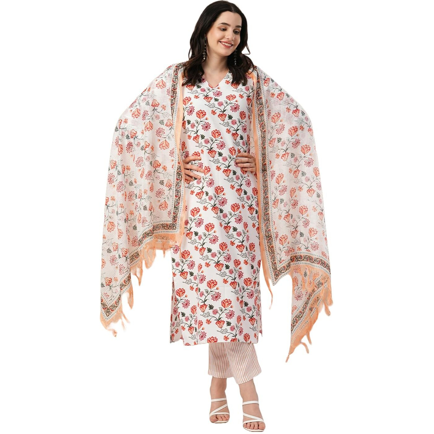 ANNI DESIGNER Women's Rayon Blend Straight Printed Kurta with Pant & Dupatta (Mogri White-NW_M_White_Medium)
