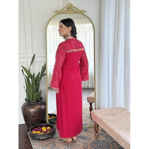 ANNI DESIGNER Women's Rayon Viscose Straight Bandhej Printed Kurta with Pant & Dupatta (KRIVA PINK-VKS01_XL_Pink_X-Large)