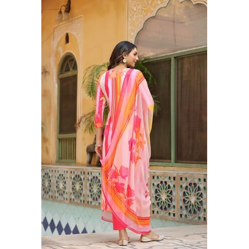 ANNI DESIGNER Women's Cotton Blend Straight Printed Kurta with Pant & Dupatta (Kapila Pink_L_Pink_Large)