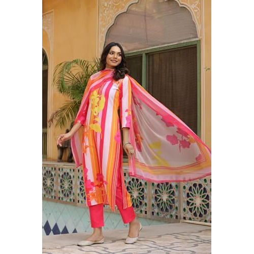 ANNI DESIGNER Women's Cotton Blend Straight Printed Kurta with Pant & Dupatta (Kapila Pink_L_Pink_Large)