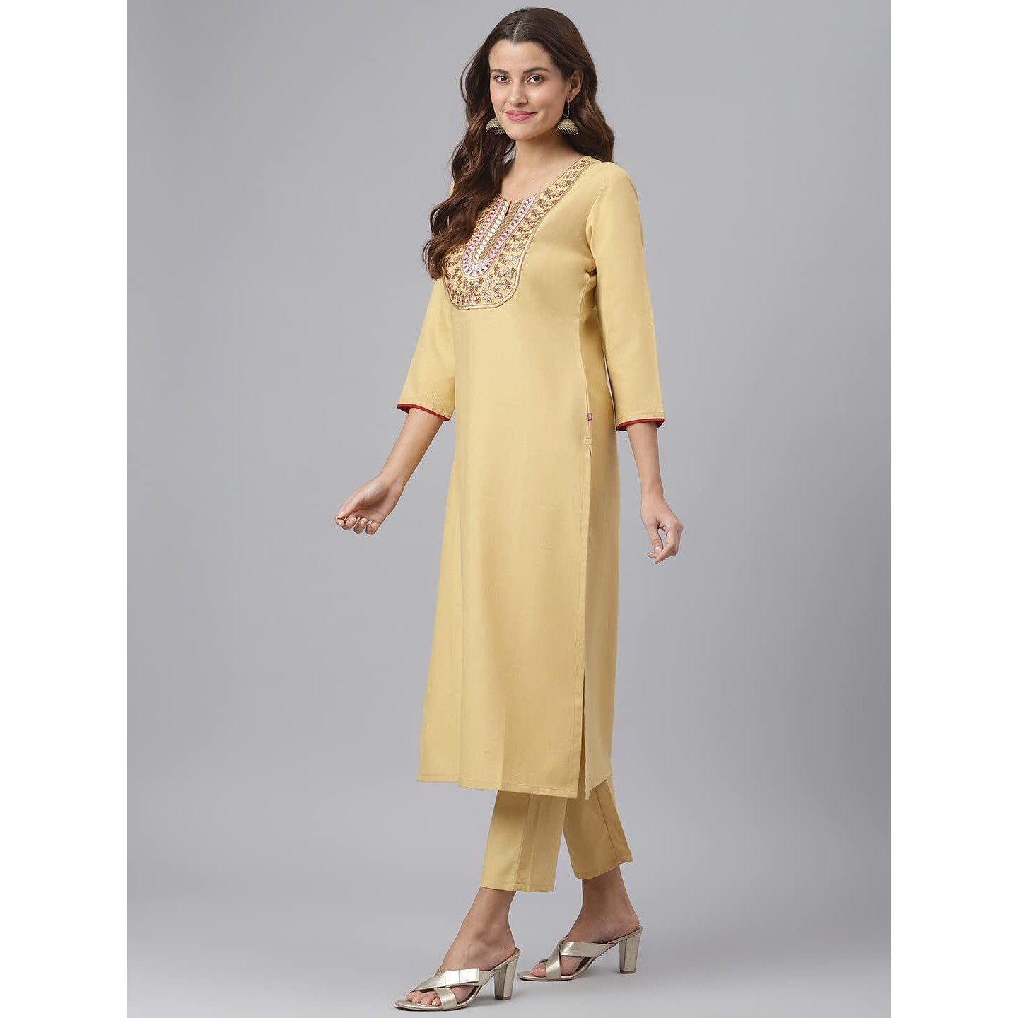 ANNI DESIGNER Women's Cotton Blend Straight Solid Kurta with Pant & Dupatta (Baruni Beige_XXL_Beige_XX-Large)