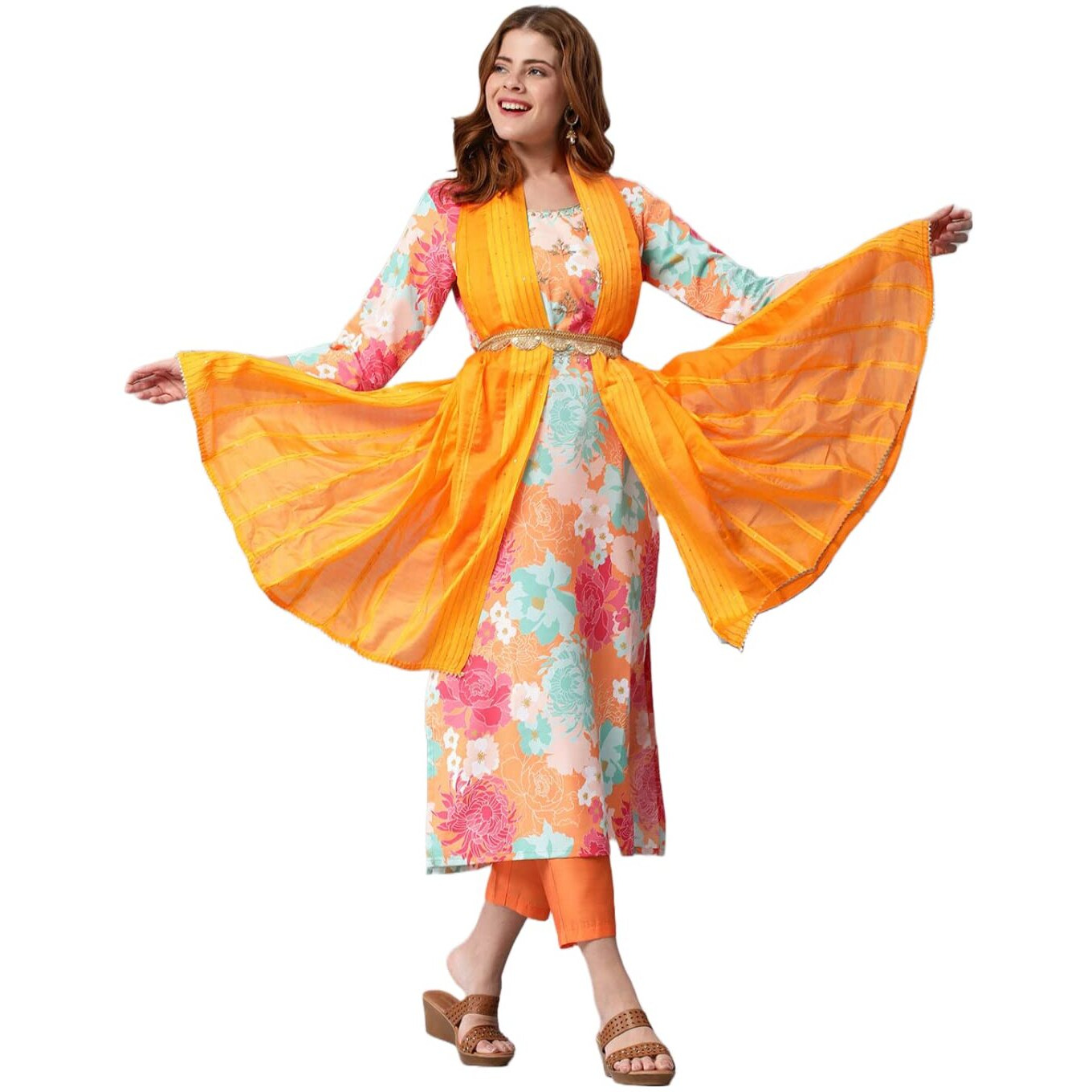 ANNI DESIGNER Women's Cotton Blend Embroidered Floral Printed Straight Kurta with Pant & Dupatta (Litup-Orange-Nw2_S_Orange_Small)