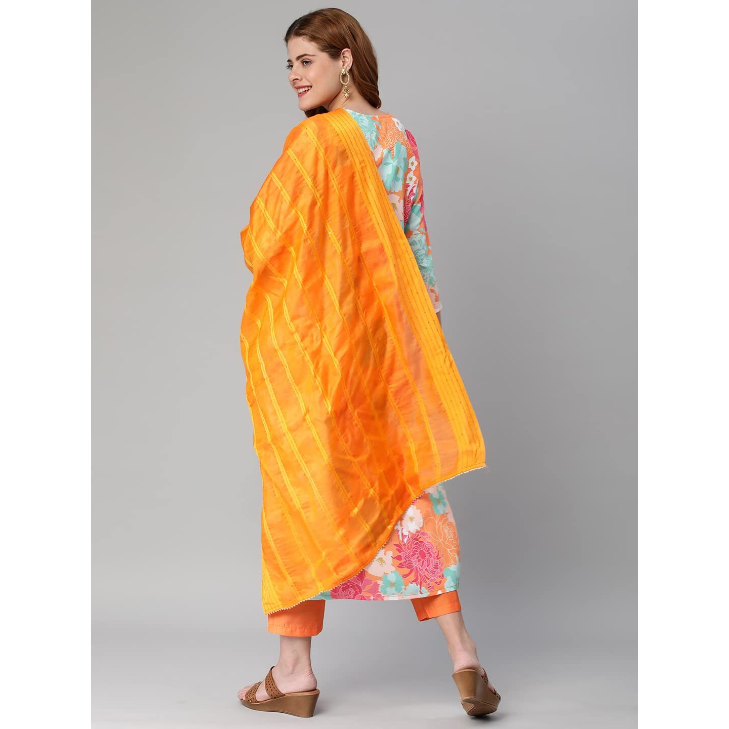 ANNI DESIGNER Women's Cotton Blend Embroidered Floral Printed Straight Kurta with Pant & Dupatta (Litup-Orange-Nw2_S_Orange_Small)