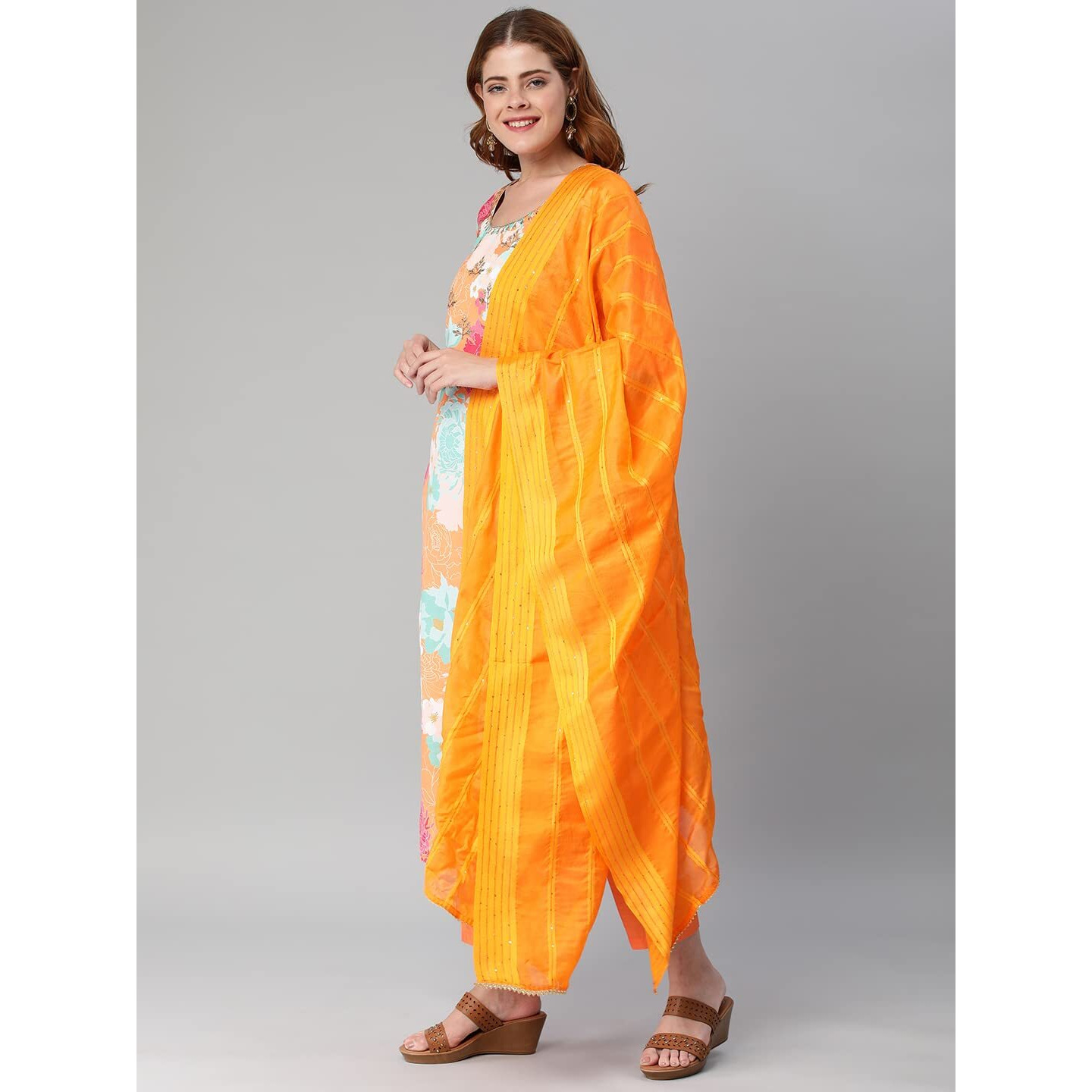 ANNI DESIGNER Women's Cotton Blend Embroidered Floral Printed Straight Kurta with Pant & Dupatta (Litup-Orange-Nw2_S_Orange_Small)