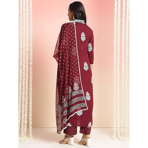 ANNI DESIGNER Women's Rayon Viscose Floral Straight Kurta with Pant & Dupatta (Belagavi VKS04_Wine_X-Large)