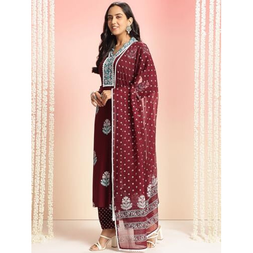 ANNI DESIGNER Women's Rayon Viscose Floral Straight Kurta with Pant & Dupatta (Belagavi VKS04_Wine_X-Large)