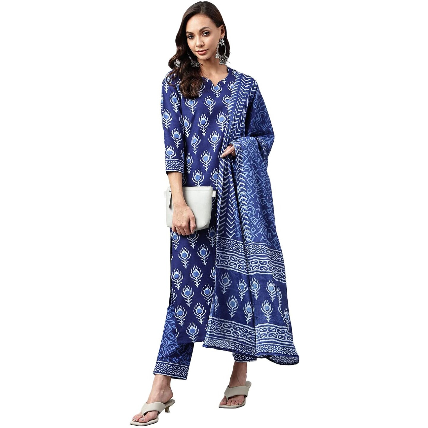 ANNI DESIGNER Women's Cotton Blend Floral Straight Kurta with Pant & Dupatta (Bulgeriya Blue-NW X-Large)