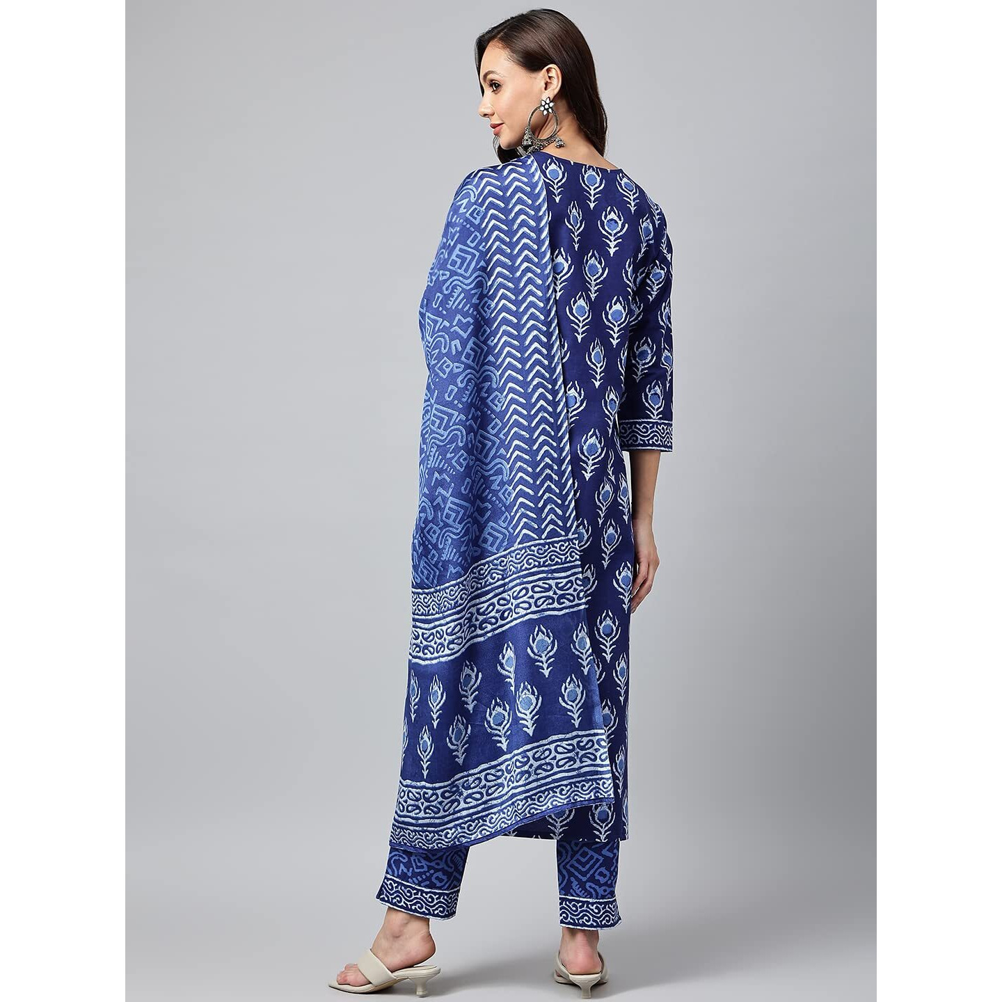 ANNI DESIGNER Women's Cotton Blend Floral Straight Kurta with Pant & Dupatta (Bulgeriya Blue-NW X-Large)