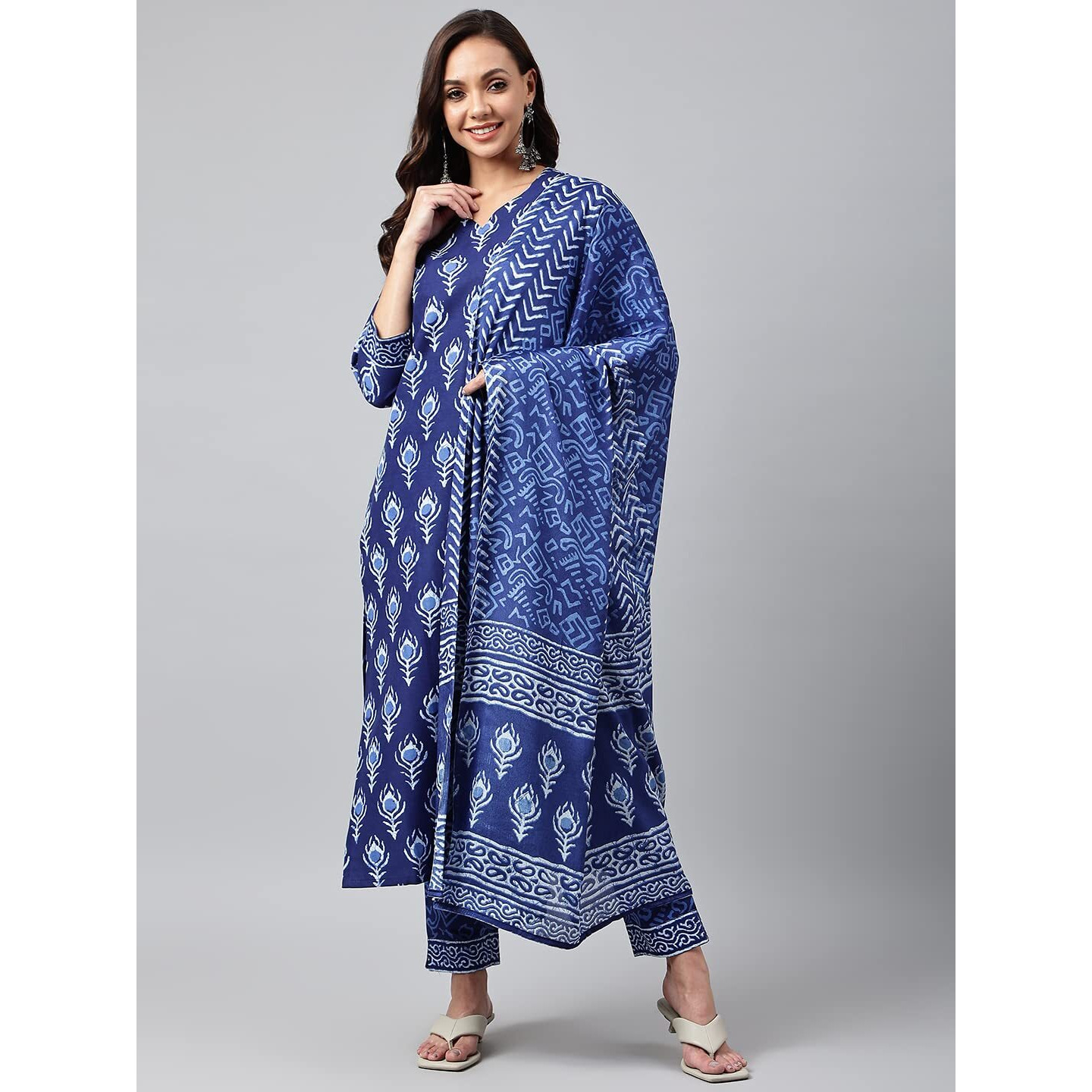 ANNI DESIGNER Women's Cotton Blend Floral Straight Kurta with Pant & Dupatta (Bulgeriya Blue-NW X-Large)