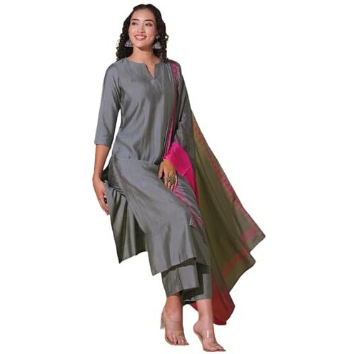 ANNI DESIGNER Women's Rayon Viscose Solid Straight Kurta with Pant & Dupatta (Mogul GREY-VKS01_XXL_Grey_XX-Large)