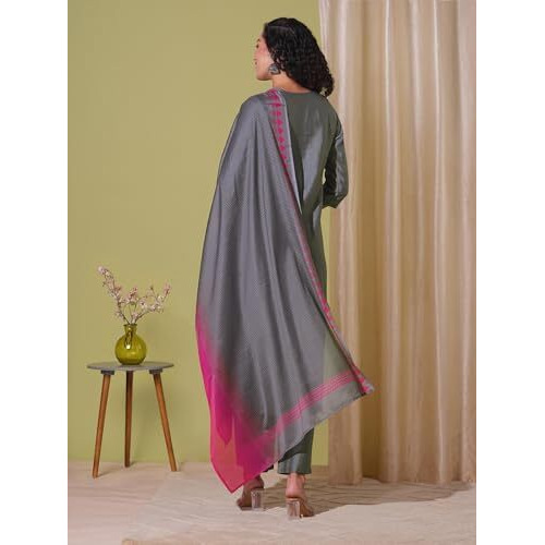 ANNI DESIGNER Women's Rayon Viscose Solid Straight Kurta with Pant & Dupatta (Mogul GREY-VKS01_XXL_Grey_XX-Large)