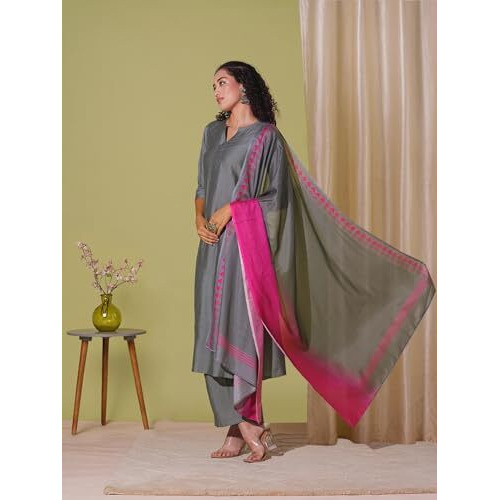 ANNI DESIGNER Women's Rayon Viscose Solid Straight Kurta with Pant & Dupatta (Mogul GREY-VKS01_XXL_Grey_XX-Large)