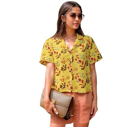 ANNI DESIGNER Women's Tunics Tops Rayon Viscose Printed Short Shirt for Women (Anthem Yellow_S_Yellow_Small)