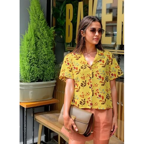 ANNI DESIGNER Women's Tunics Tops Rayon Viscose Printed Short Shirt for Women (Anthem Yellow_S_Yellow_Small)