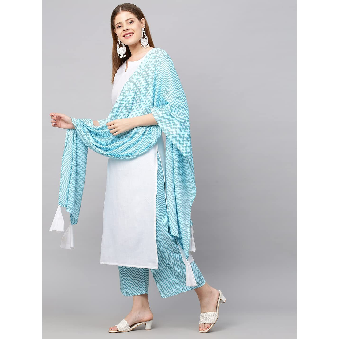 ANNI DESIGNER Women's Cotton Blend Straight Solid Kurta with Palazzo & Dupatta (Chinni White_XL_White_X-Large)