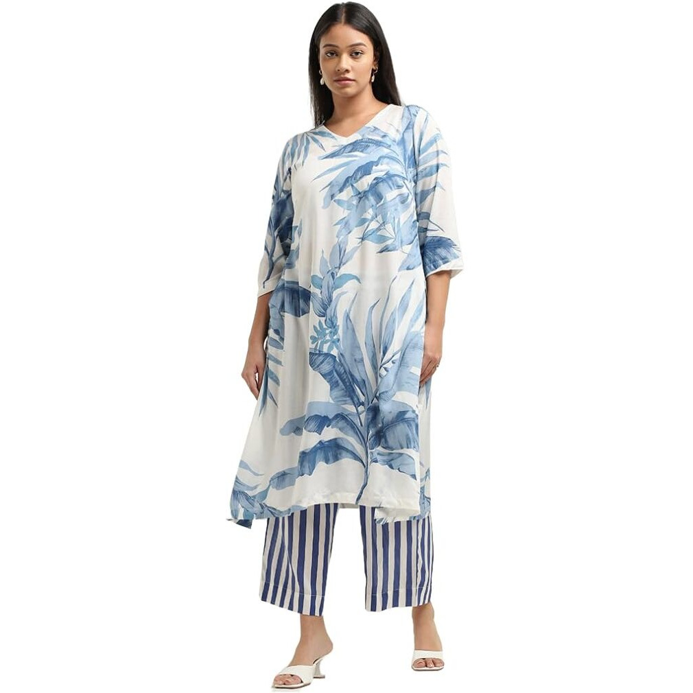 ANNI DESIGNER Women's Cotton Blend Straight Printed Kurta with Palazzo (Rilaka Blue_M_Blue_Medium)