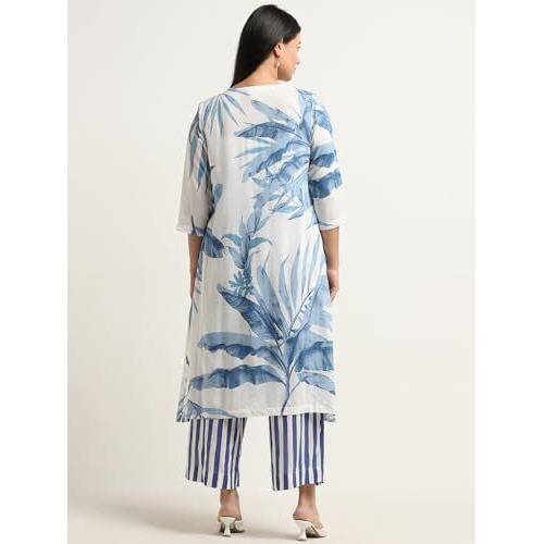 ANNI DESIGNER Women's Cotton Blend Straight Printed Kurta with Palazzo (Rilaka Blue_M_Blue_Medium)