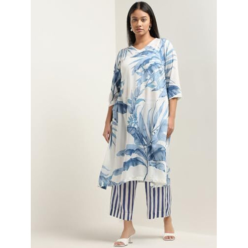 ANNI DESIGNER Women's Cotton Blend Straight Printed Kurta with Palazzo (Rilaka Blue_M_Blue_Medium)