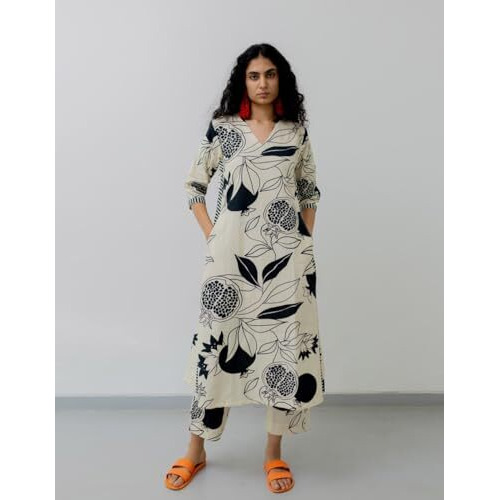 ANNI DESIGNER Women's Rayon Blend Straight Printed Kurta with Palazzo (ANAAR-Beige-NV_3XL_White_XXX-Large)