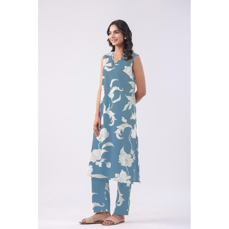 ANNI DESIGNER Women's Rayon Viscose Straight Printed Kurta with Pant (Teras Sky Blue_M_Sky Blue_Medium)