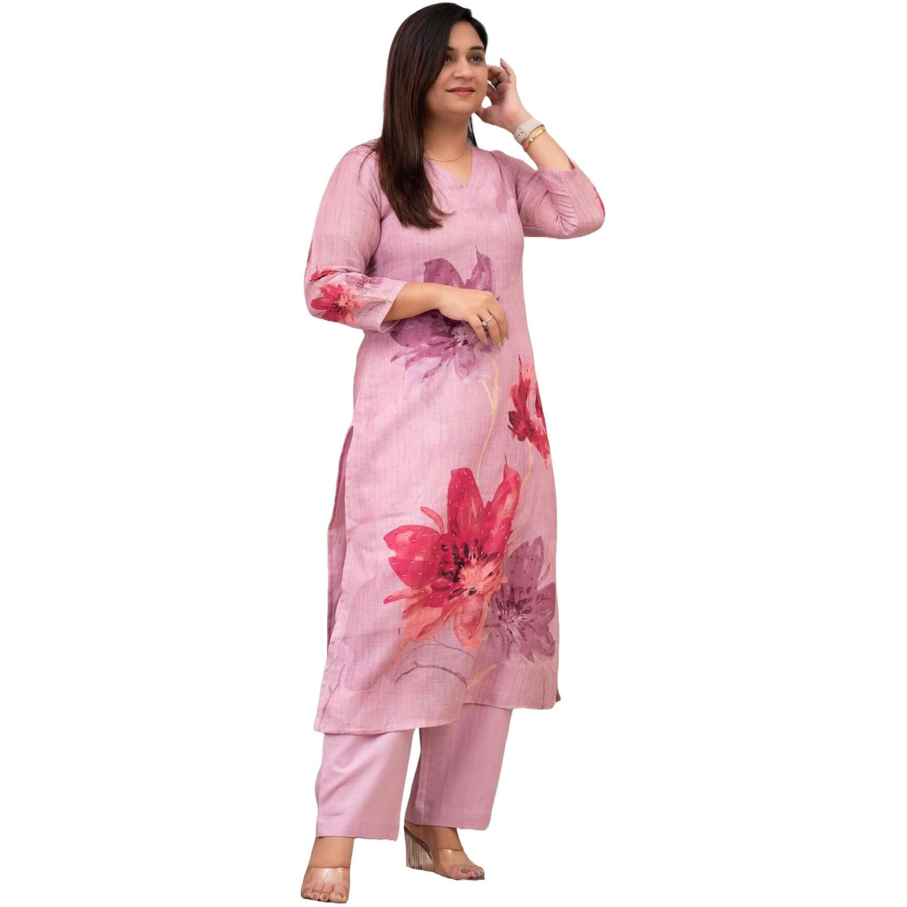 ANNI DESIGNER Women's Rayon Viscose Straight Printed Kurta with Pant (Susan Pink_M_Pink_Medium)