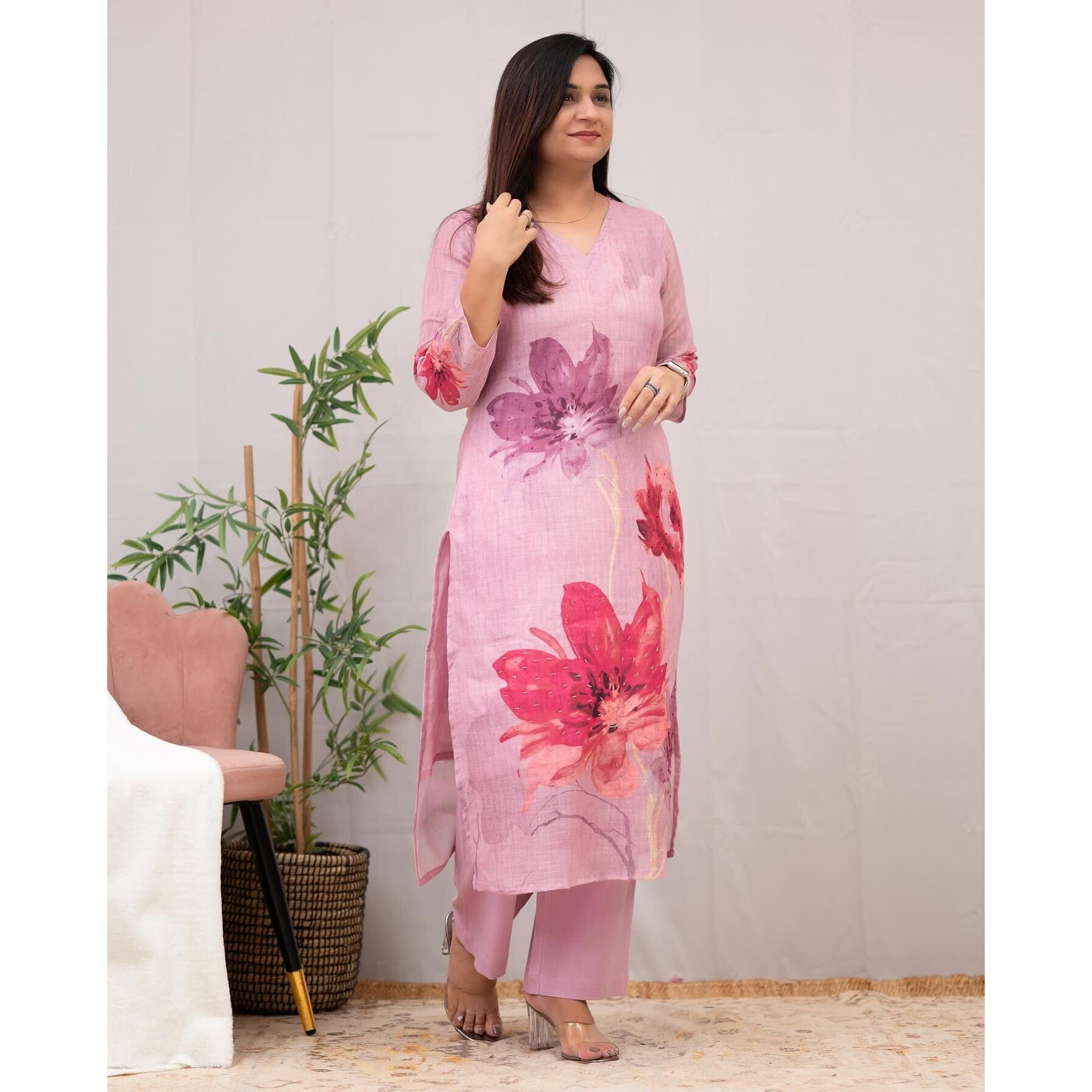 ANNI DESIGNER Women's Rayon Viscose Straight Printed Kurta with Pant (Susan Pink_M_Pink_Medium)