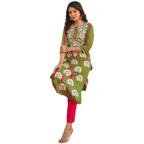 ANNI DESIGNER Women's Rayon Blend Straight Embroidered Kurta with Pant (Dalvi Green_L_Green_Large)