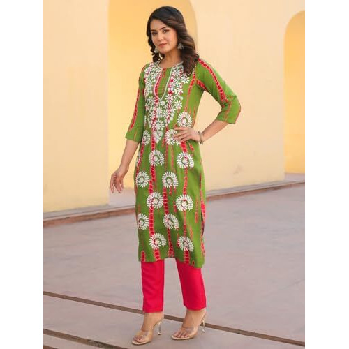 ANNI DESIGNER Women's Rayon Blend Straight Embroidered Kurta with Pant (Dalvi Green_L_Green_Large)