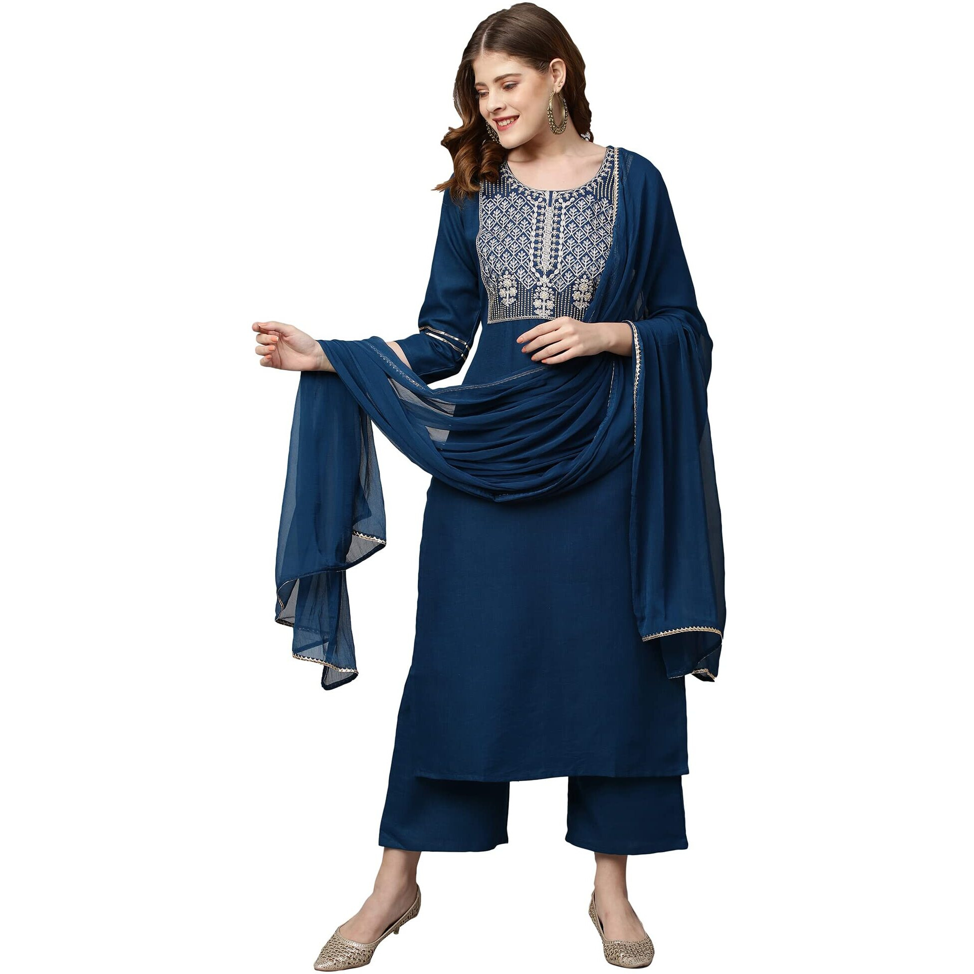 ANNI DESIGNER Women's Cotton Blend Straight Embroidered Kurta with Pant & Dupatta (Just Cerosin_L_Blue_Large)