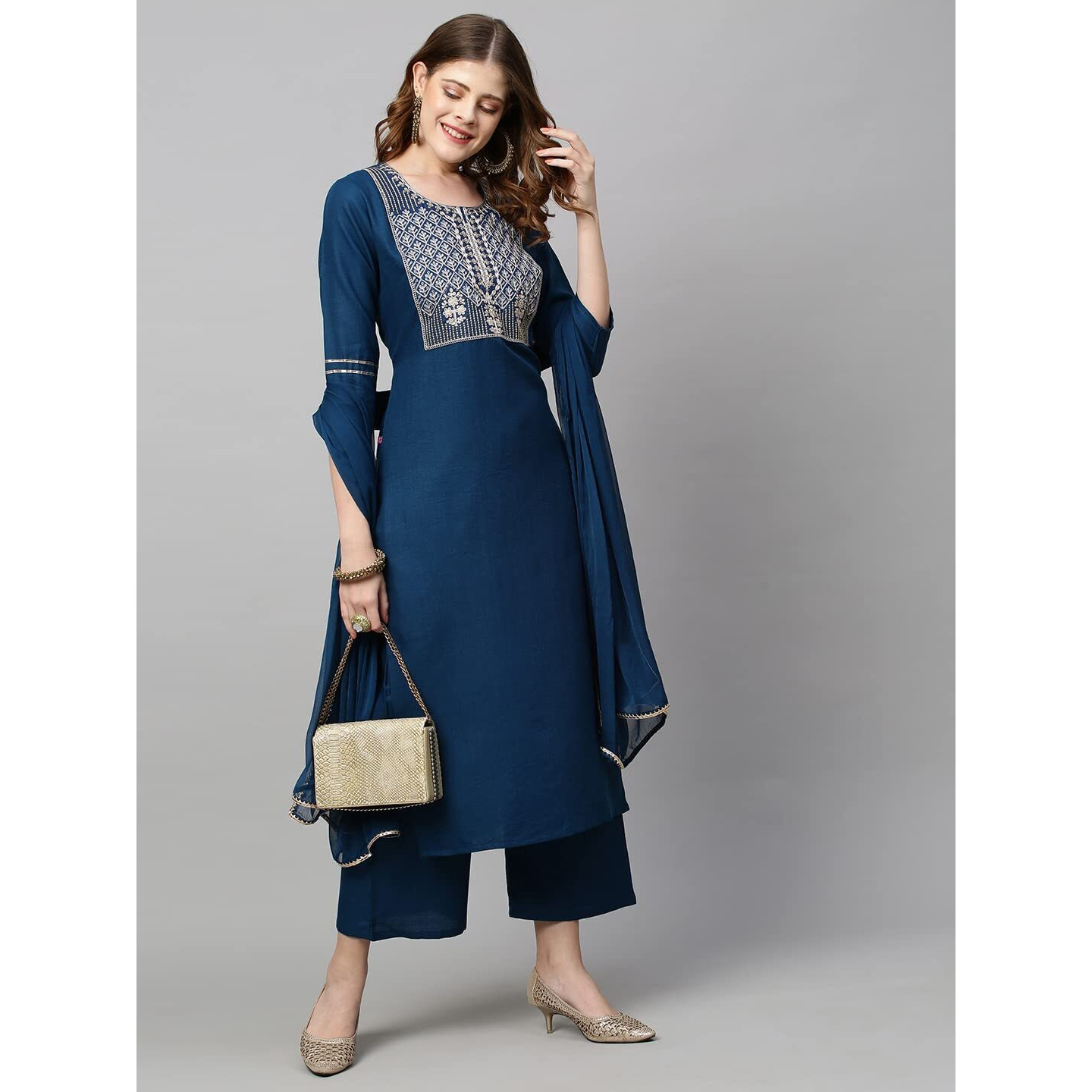 ANNI DESIGNER Women's Cotton Blend Straight Embroidered Kurta with Pant & Dupatta (Just Cerosin_L_Blue_Large)