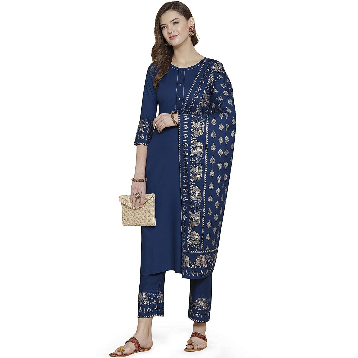 ANNI DESIGNER Women's Rayon Solid Kurta with Palazzo & Dupatta (Blue,2XL)