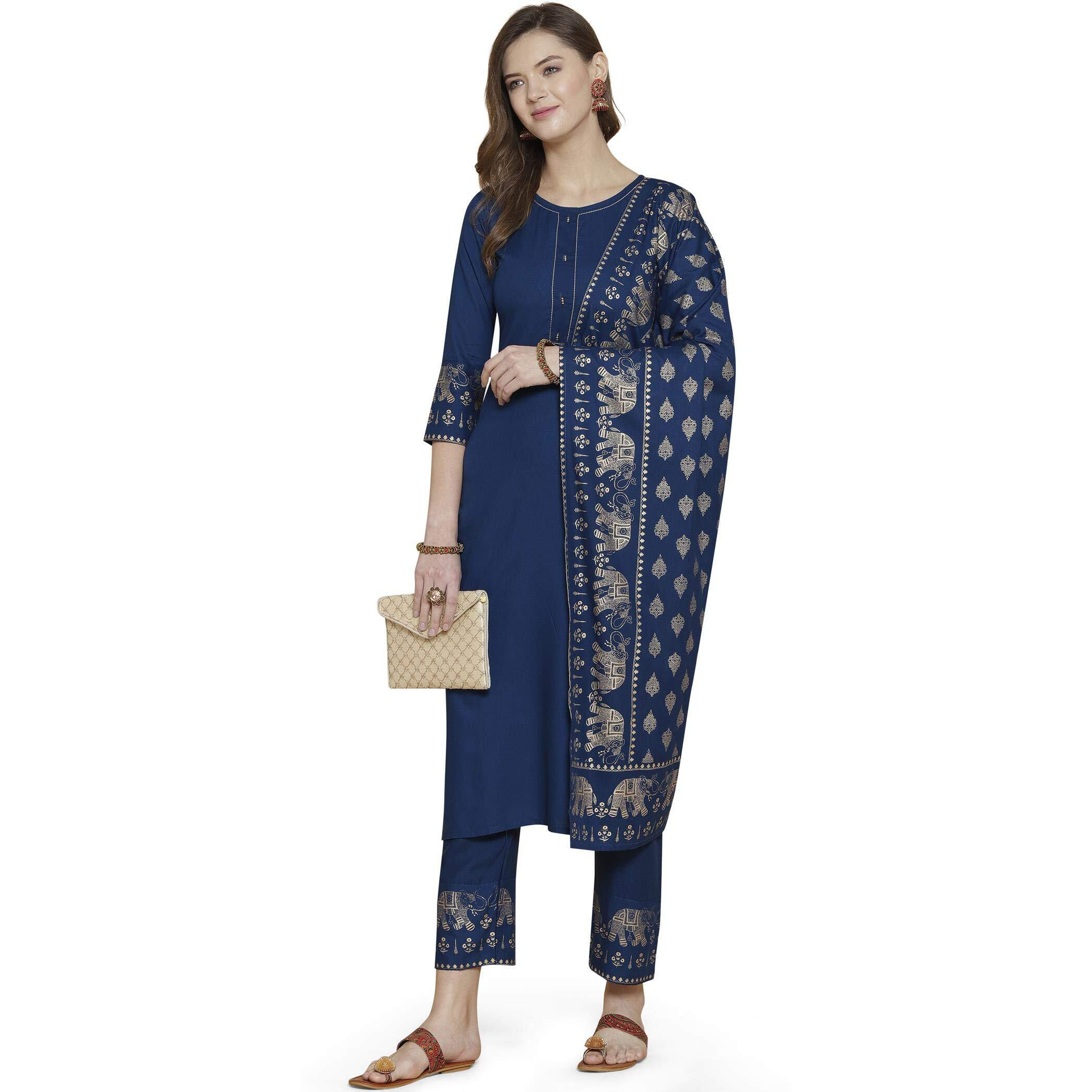 ANNI DESIGNER Women's Rayon Solid Kurta with Palazzo & Dupatta (Blue,2XL)