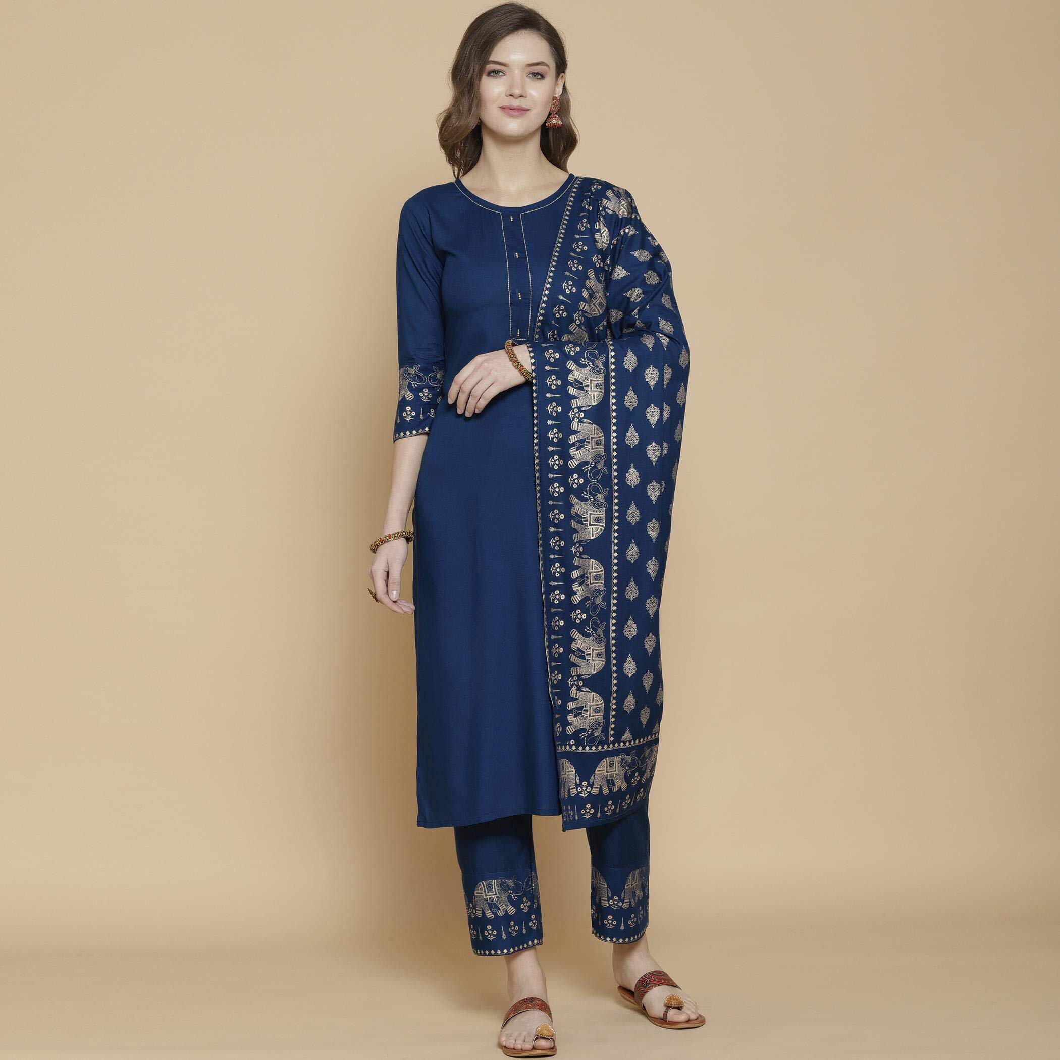 ANNI DESIGNER Women's Rayon Solid Kurta with Palazzo & Dupatta (Blue,2XL)