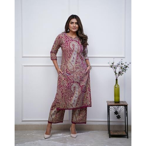 ANNI DESIGNER Women's Rayon Viscose Straight Printed Kurta with Palazzo (Elevate Rani-VKS01_L_Pink_Large)