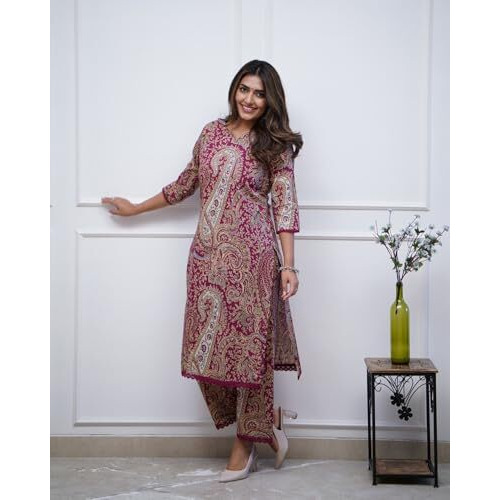 ANNI DESIGNER Women's Rayon Viscose Straight Printed Kurta with Palazzo (Elevate Rani-VKS01_L_Pink_Large)