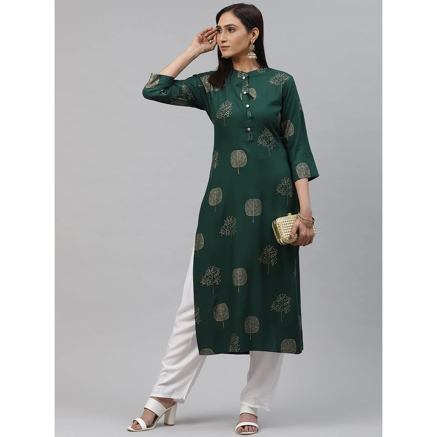 ANNI DESIGNER Women's Rayon Printed Straight Kurta with Palazzo (PAN FLOWER-02-GREEN_L)