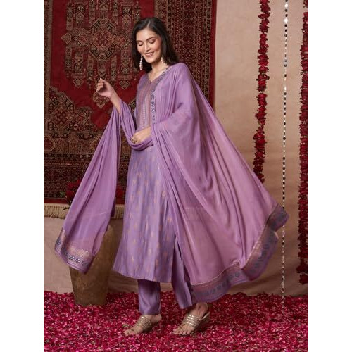 ANNI DESIGNER Women's Rayon Blend Printed Straight Kurta with Pant & Dupatta (Toxic Purple-VKS01_XXL_Purple_XX-Large)