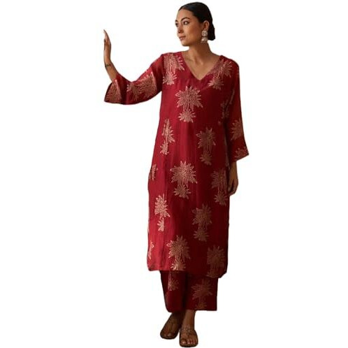 ANNI DESIGNER Women's Rayon Viscose Straight Printed Kurta with Pant (Robin RED-VKS01_M_Red_Medium)