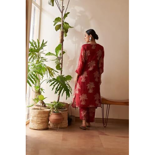ANNI DESIGNER Women's Rayon Viscose Straight Printed Kurta with Pant (Robin RED-VKS01_M_Red_Medium)
