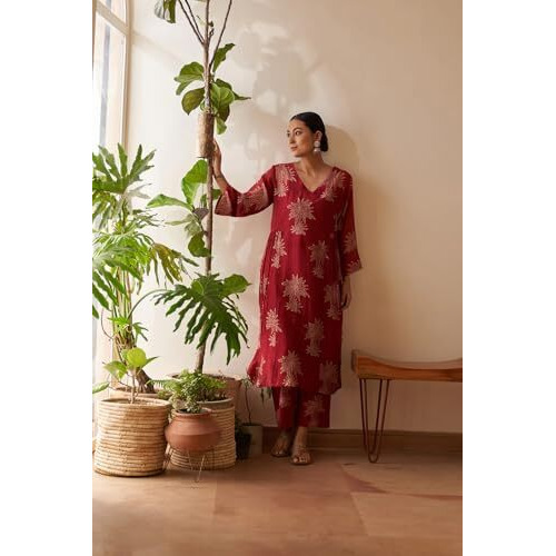 ANNI DESIGNER Women's Rayon Viscose Straight Printed Kurta with Pant (Robin RED-VKS01_M_Red_Medium)